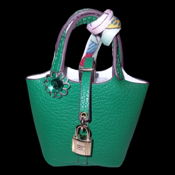 Green Rhinestone Jewel on Green Mini Bag Charm Storage Accessory - Picture 4 of 9